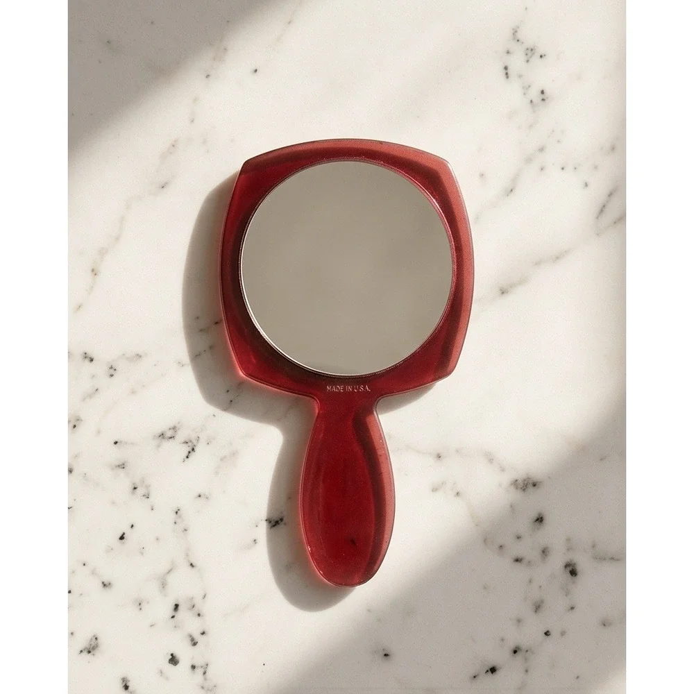 Vintage‎ 60s 70s Hand Mirror Art Deco Floral Red Lucite Made in USA